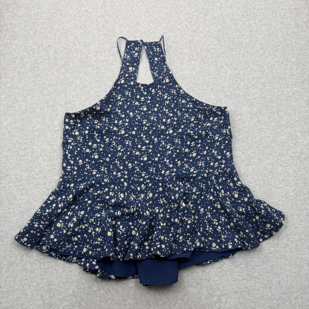 Polo Ralph Lauren Top Womens 6 Silk Floral Halter Peplum Navy Blue Ditsy Blouse